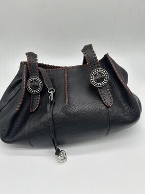 Brighton Black Pebbled Leather Shoulder Bag Whipstitch Silver Concho Boho Tote
